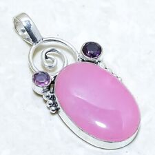 Quarzo Rosa,Ametista Gemma Fatto a Mano Argento Ciondolo Gioielli 2.1 " PRJ13067
