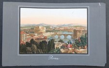 stampa antica 1840 colori acquerello acciaio Roma castel sant angelo panorama