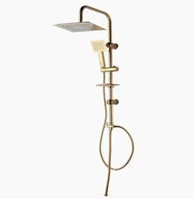 Colonna doccia saliscendi – soffione quadrato e portasapone oro
