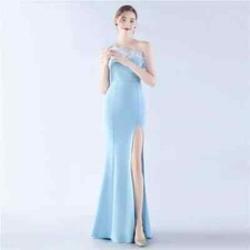 Vestito Abito Elegante Lungo Blu Spacco Strascico Morbido Evento 01923