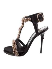 ROGER VIVIER sandali con cinturino a T neri raso bronzo chiaro perline TG 8 IT 38 buone condizioni