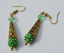 Green Shamballa & Swarovski Crystal with Gold Filigree Earrings. Handmade in UK