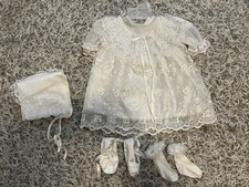 Vestito Battesimo Bimbo Pizzo Bianco Taglia 0-6 Mesi Con Cofano Scarpe Calzini