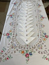 Tovaglia bianca vintage ricamo a mano e uncinetto cm. 180x245 con 12 tovaglioli