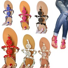 SCARPE Donna Sandali flat Infradito Gioiello Pietre Fiori Tacco Basso D06