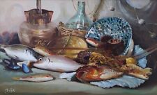 Natura morta con pesci, crostacei e brocche moderno grande dipinto olio firmato