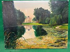dipinto ad olio francia castello su lago stagno di coradini anni 60 paesaggio