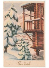 1955 neve baita abeti valle paese di montagna cartolina auguri di Buon Natale