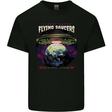 T-Shirt In Cotone Per Uomo Con UFO Alieni Volanti Che Mangiano Pianeti