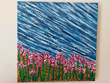 QUADRO MODERNO ASTRATTO DIPINTO A MANO PAESAGGIO MARE FIORI 50x50x4cm RIF24