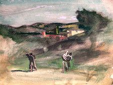 Antico Disegno Paesaggio Orientale Animato Marocco Ritratto Jean Nigela Art Deco