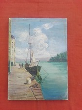 Olio su tela "Barca a vela" R. Battaglia cm 33x24 Antikidea