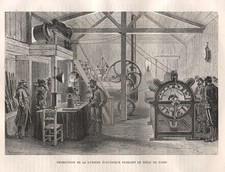 Macchina elettrostatica  Produzione della elettricità 1883  xilografia