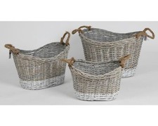 3tlg Cestini di Vimini Set Grigio/Bianco Cestino di Legno con Manico