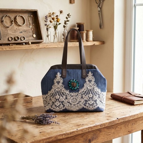 Borsa tote denim pizzo - borsa, in