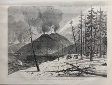 Stampa antica 1868 veduta eruzione vulcano Etna Catania Sicilia