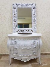 MOBILE BAGNO E SPECCHIO IN LEGNO BIANCO FOGLIA ARGENTO CON CRISTALLI E TOP MARMO