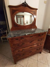 Comò antico in legno con 4 cassetti e specchiera Piano in marmo classico vintage