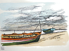 ALDO RISO incisione d'autore colorata a mano, paesaggio italiano marina arte.