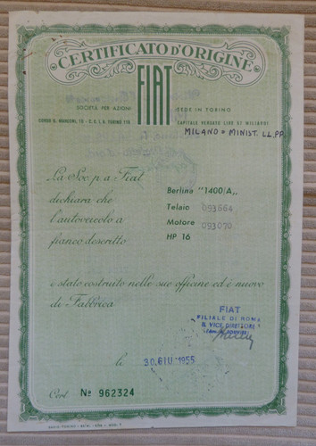Fiat 1400 certificato - 1400/a,