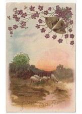 in Rilievo pecore al pascolo campane pasquali antica cartolina Pasqua Ostern