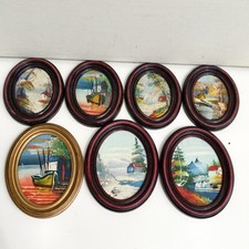 Piccoli Dipinti ovale olio  paesaggio Vintage original framed tiny  art Set 7