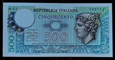  BANCONOTA 500 LIRE CINQUECENTO MERCURIO ITALIA - 1974 SERIE A REPUBBLICA FDS