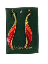 ORECCHINI PENDENTE PIUMA ORO E SMALTO ROSSO BIGIOTTERIA VINTAGE ANNI 70-90 CM 8