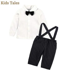 Tuta da gentiluomo neonato ragazzo nuovo stile camicia bianca con fiocco + bretelle a righe