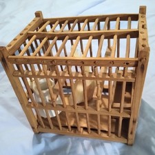 Gabbia per uccellini canarini minatore carbone legno con porta acqua porcellana marcata Germania vintage