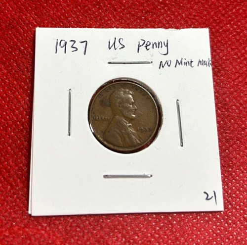 1937 penny moneta senza - 1937, us