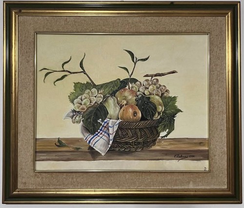 Quadro olio tela cesto con - su,