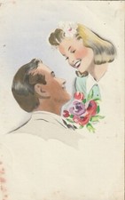 C2- Cp Cartolina Illustrata Uomo con Fiori e Donna Proposta - Fp  Nvg