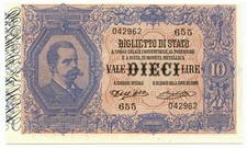10 LIRE BIGLIETTO DI STATO EFFIGE UMBERTO I 25/10/1892 FDS-/FDS