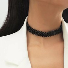 Collana Giracollo Cristallo Nero Intrecciate a Forma Griglia Moda Elegante Donna