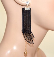 Orecchini Donna oro dorato pendenti pizzo ricamato nero cristallo strass UCC162