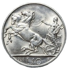 Regno D'Italia - 10 Lire 1928 Biga "Due Rosette" Argento (Molto Rara) - FDC