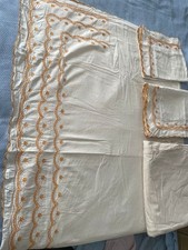 SET LENZUOLA MATRIMONIALI VINTAGE CON FEDERE COTONE COLORE BEIGE RICAMO SVIZZERO