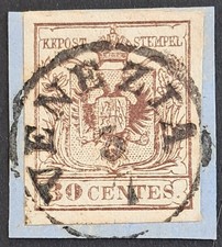 [FASILMBVEN0039]LOMB.VENETO 1853[S.8a]30c BrunoGrigiastro Tipo II USATOΔ VENEZIA