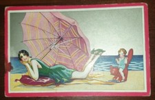 Cartolina ill Corbella spiaggia ombrellone donnina bambino gatto art deco nouvea