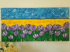 QUADRO MARE FIORI TULIPANI PAESAGGIO DIPINTO A MANO 1 metro x50x4cm RIF196