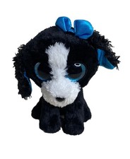 TY Barboncino Giocattolo Morbido Nero Imbottito Peluche Orsacchiotto Beanie Tracey 6" Fiocco Occhi Blu