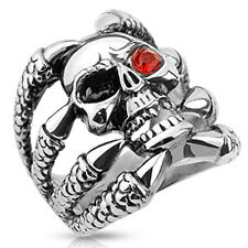 Anello teschio artiglio occhio teschio acciaio inox massiccio biker gotico argento zirconi rosso