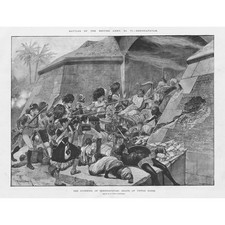 SIEGE OF SERINGAPATAM Morte del sultano Tipu (Tippoo Sahib) stampa antica 1894