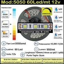 Striscia Led 12 Watt, 12 Volt Bianche 5050 60 Led/mt Kit 5/10/15m Strip 12w 12v