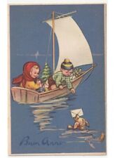 cartolina d'epoca Buon Anno bambini barca a vela pacchi regalo cane biglietto