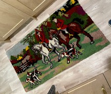 Tappeto vintage fatto a mano caccia volpe cavallo e segugio pile spesso Tally Ho scena di caccia