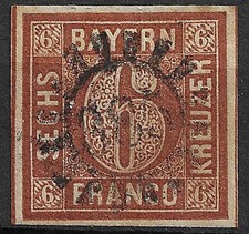 Baviera 6 kr con filo di seta rosso, stampa 2 secondi, margine completo, posta centrata