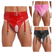 Slip uomo pelle verniciata intimo effetto bagnato vita alta aperto all'uncinetto