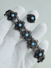 Vintage Bracciale In Argento 800 A Filigrana Con Gemme Azzurre E Anello XX Sec.
